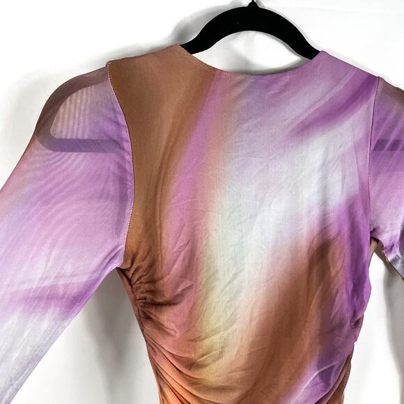 AFRM Maya Mesh Mini Dress Purple Motif Ruched Backless Long Sleeve Bodycon Sz XS - Picture 7 of 16
